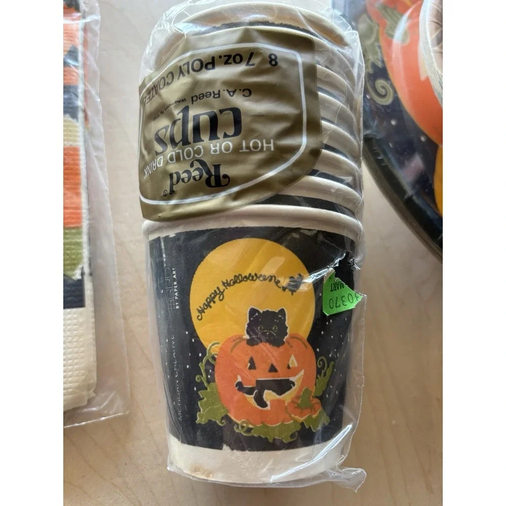 Vtg Halloween Party LOT of 5 CA Reed Black Kitten JOL Plates Tablecloth Cups